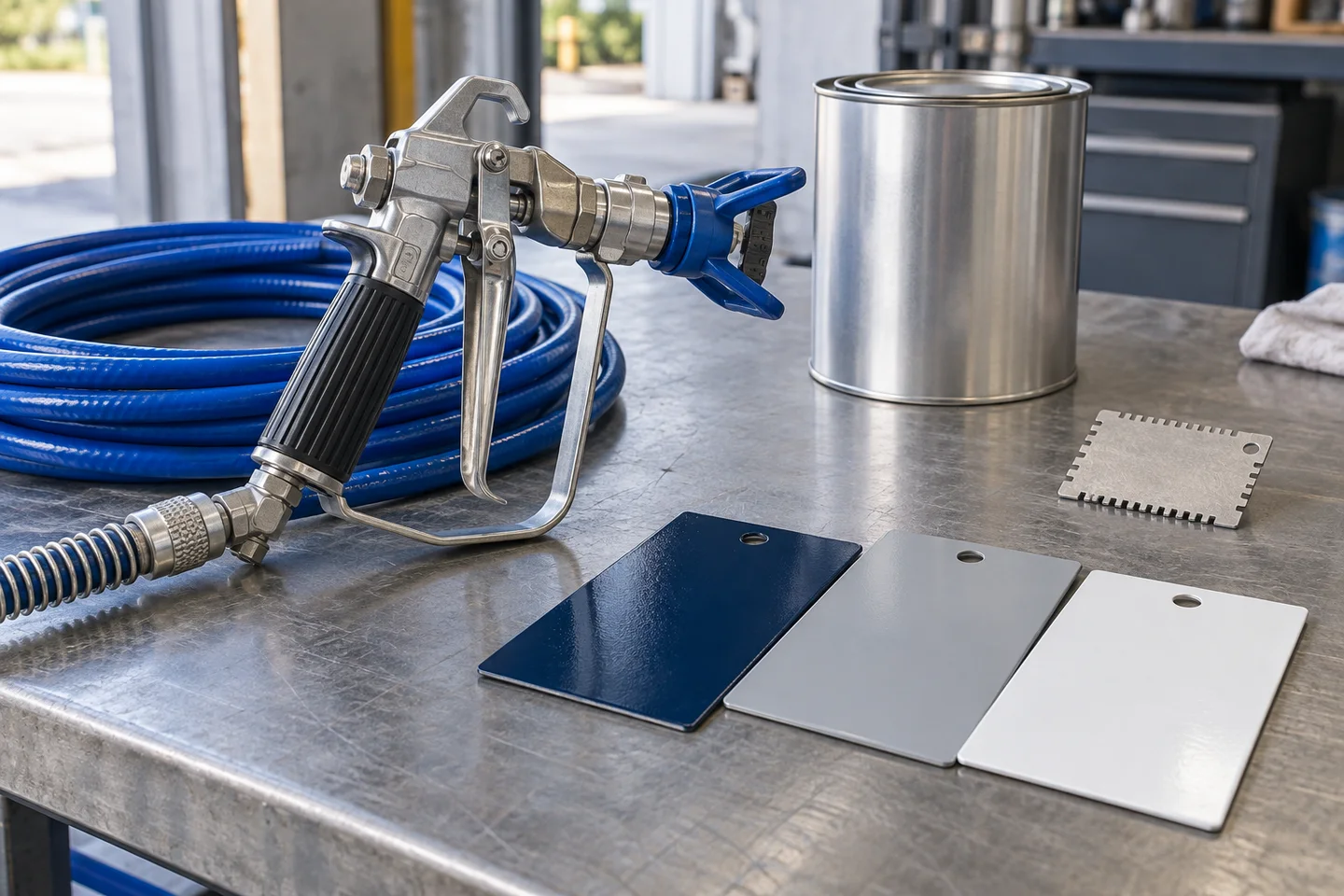 Airless coating equipment and coated steel sample plates — AI-generated concept