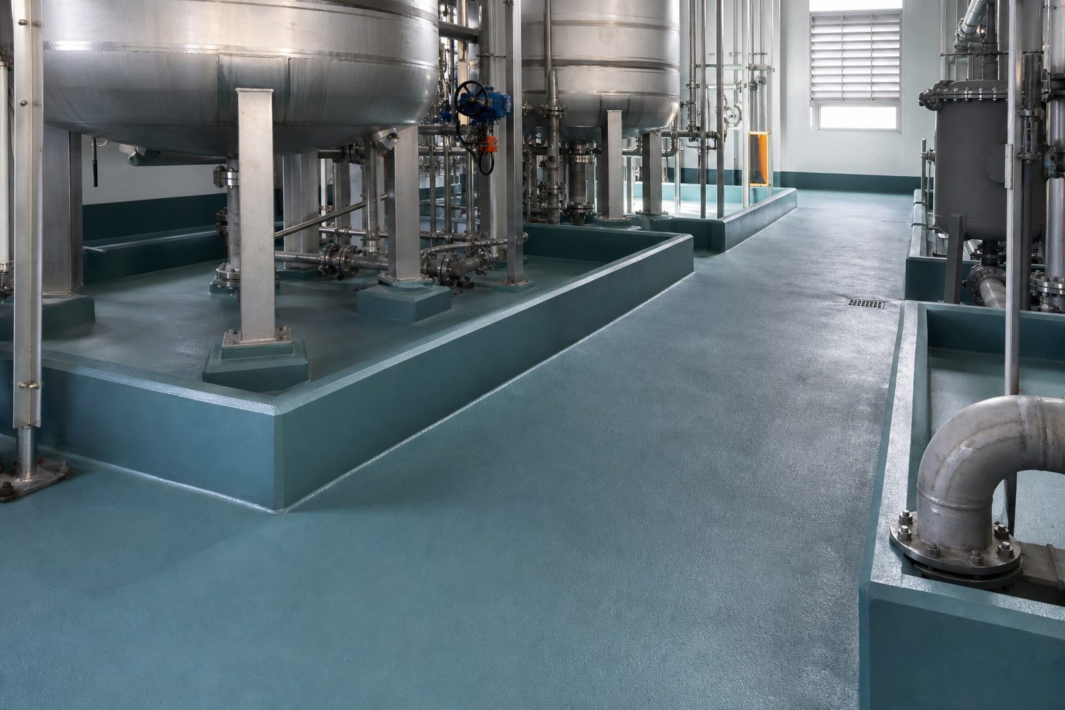 Chemical-resistant resin floor and bund lining around process tanks