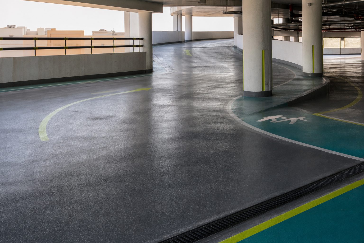 UV-stable polyurethane traffic coating on a Saudi parking ramp