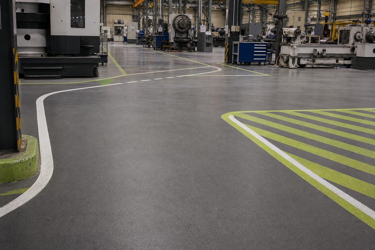 Heavy-duty epoxy workshop floor with machinery and marked work zones