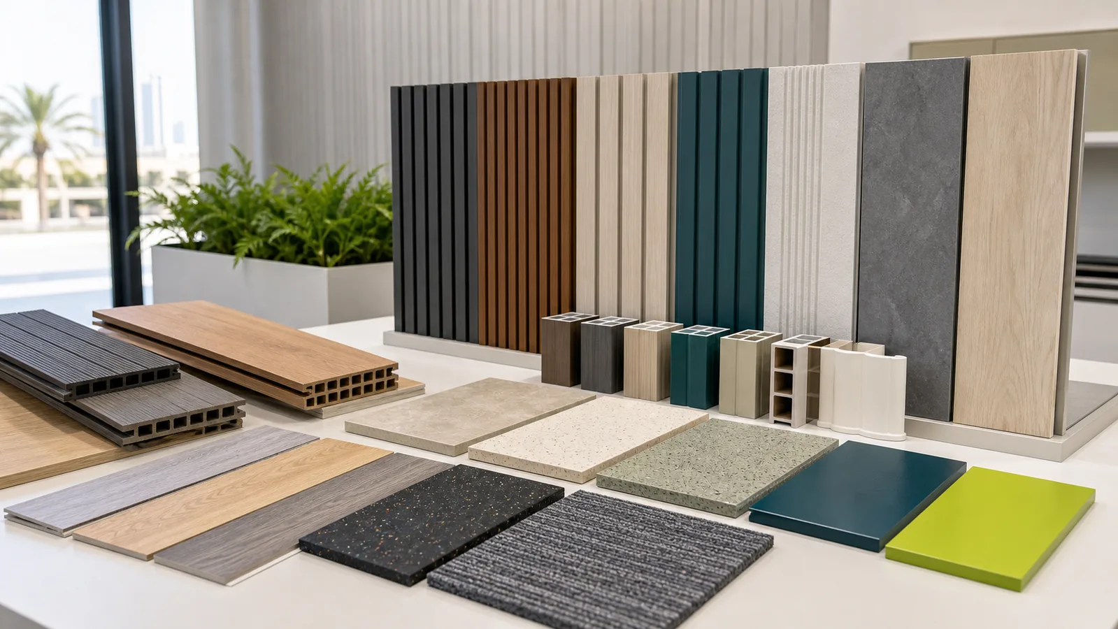 Building materials wall cladding WPC PVC flooring decking and panel samples in Saudi Arabia
