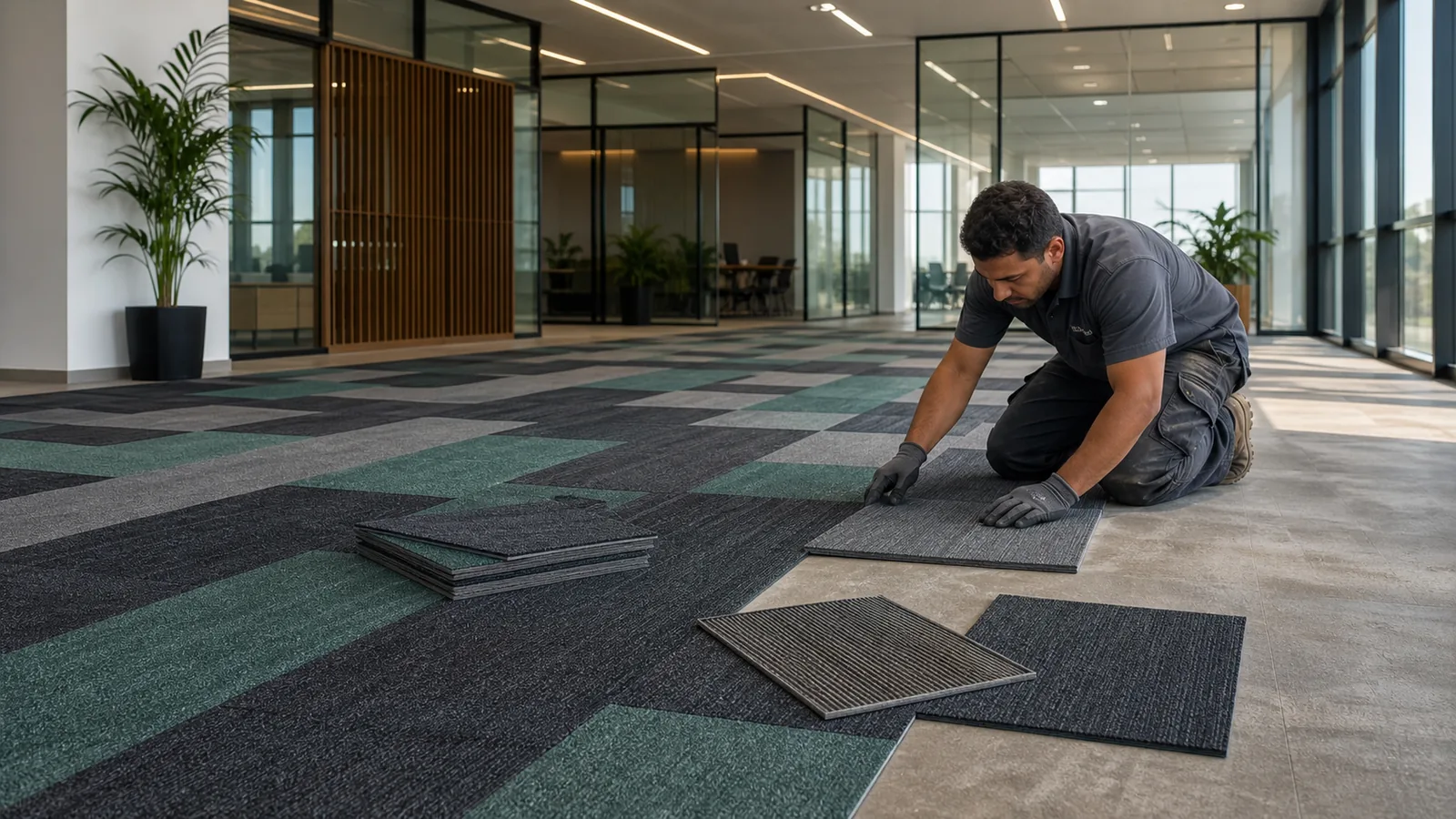 Commercial carpet tile installation in a modern Saudi office interior