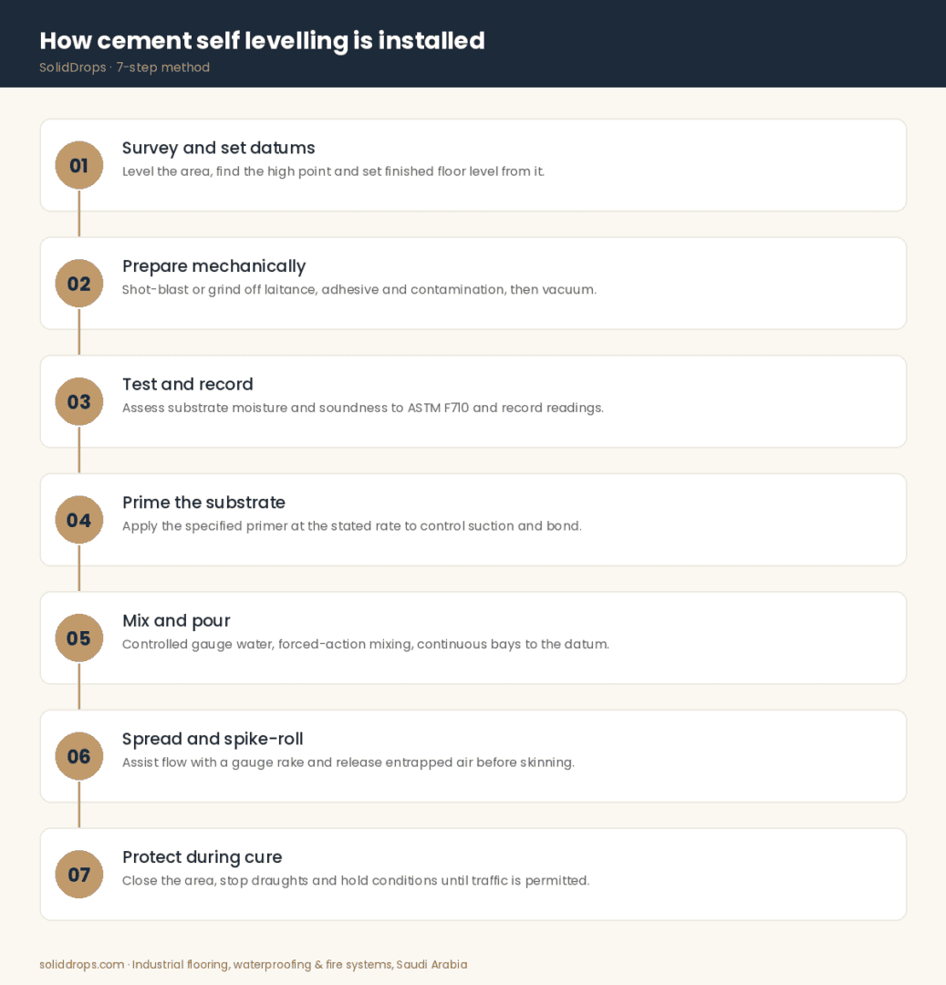 How cement self levelling is installed – 7-step infographic by SolidDrops