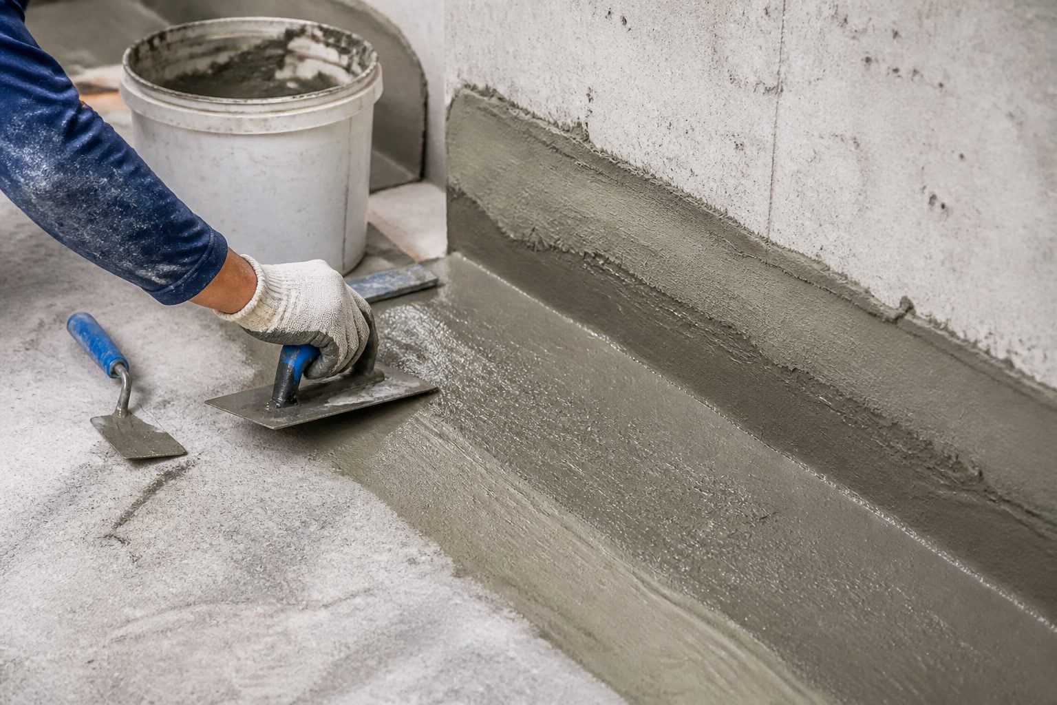 Generated natural cementitious waterproofing and rapid-setting mortar detail on prepared concrete