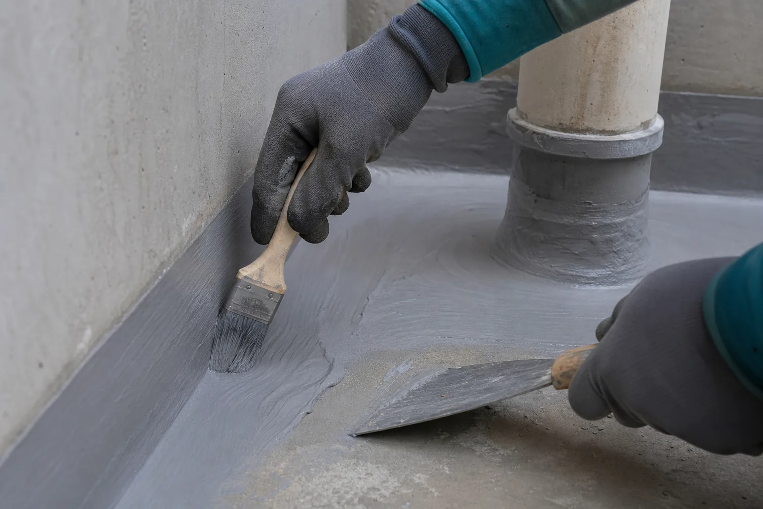 Cementitious waterproofing installation detail around wall floor junction and pipe penetration in KSA