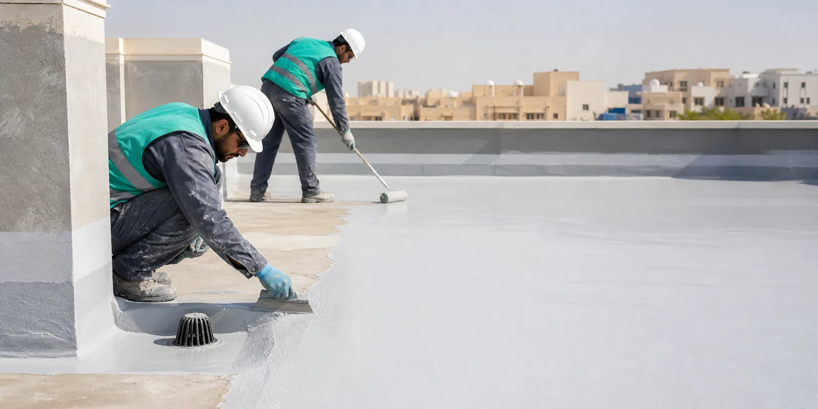 Professional cementitious waterproofing application on a roof slab for SolidDrops projects in Saudi Arabia