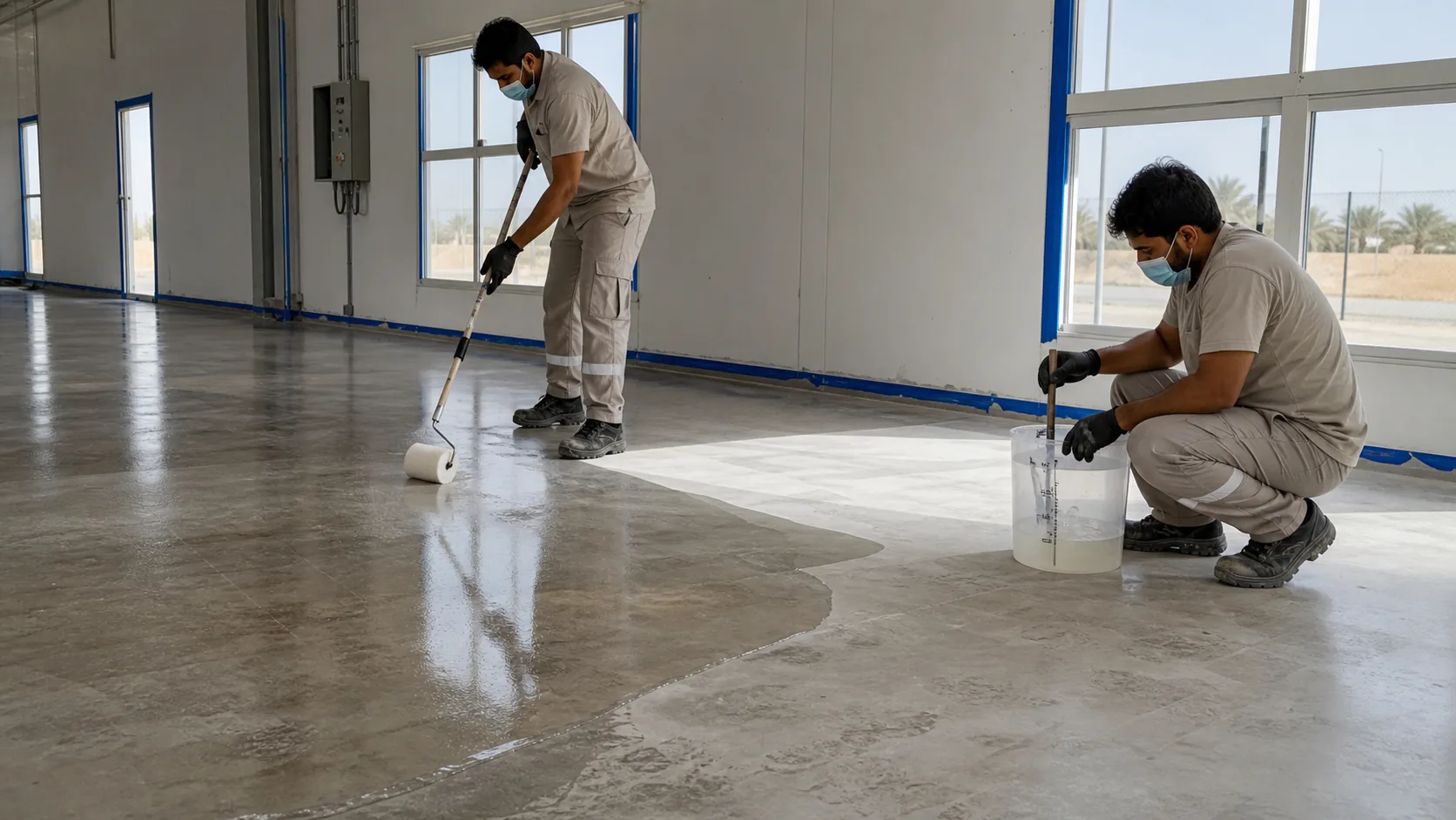 Professional clear epoxy resin floor installation on prepared concrete in Saudi Arabia