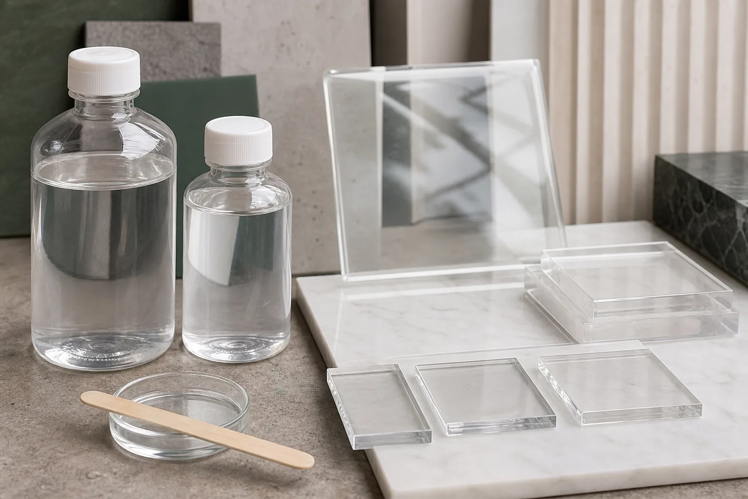 Clear epoxy resin samples and transparent cured swatches for Saudi Arabia projects