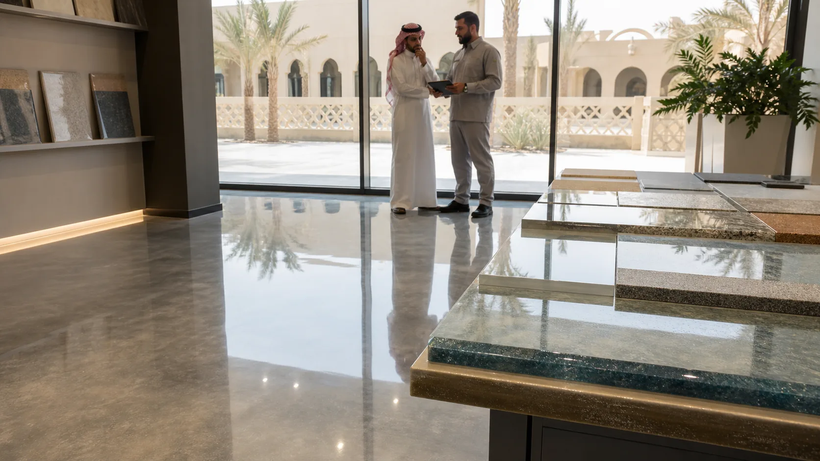 Clear epoxy resin showroom consultation and glossy resin finish in Saudi Arabia