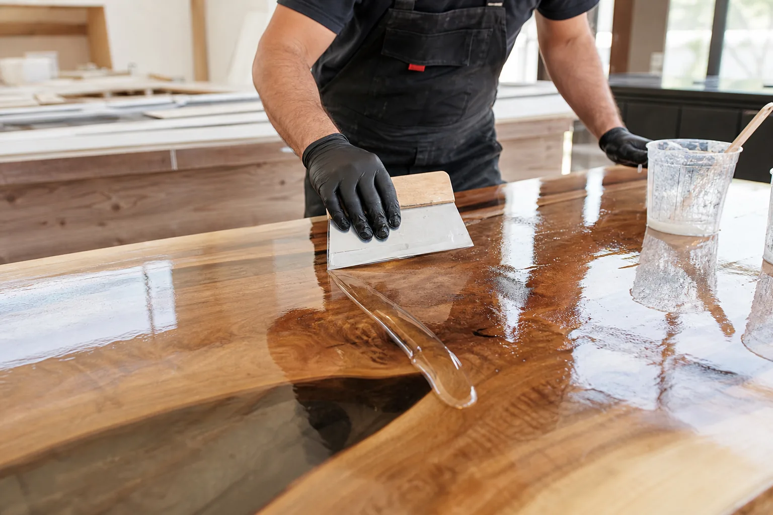 Clear epoxy resin application over wood counter in a Saudi Arabia finishing workshop
