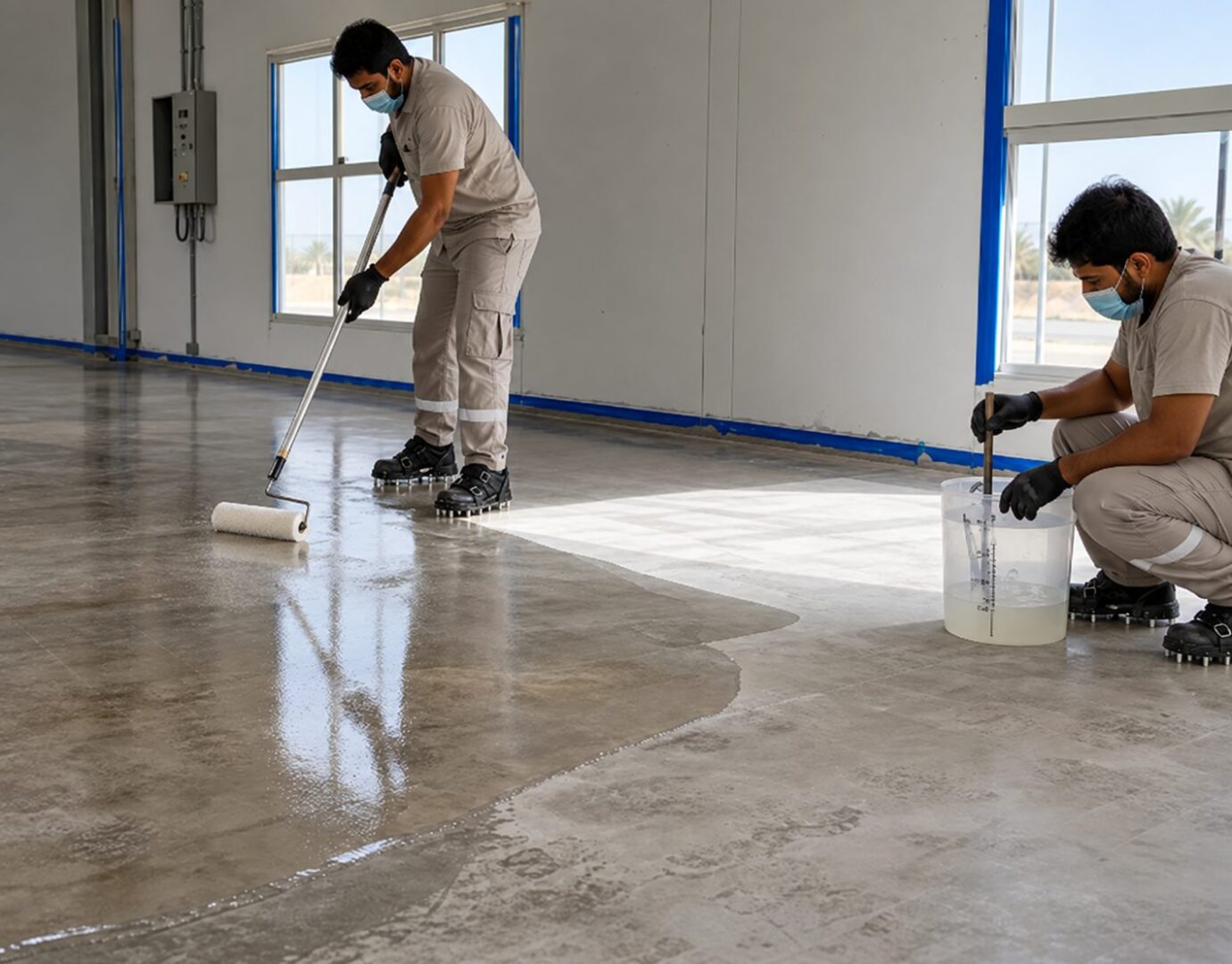 Illustration of epoxy coating application with spiked overshoes and a paint roller
