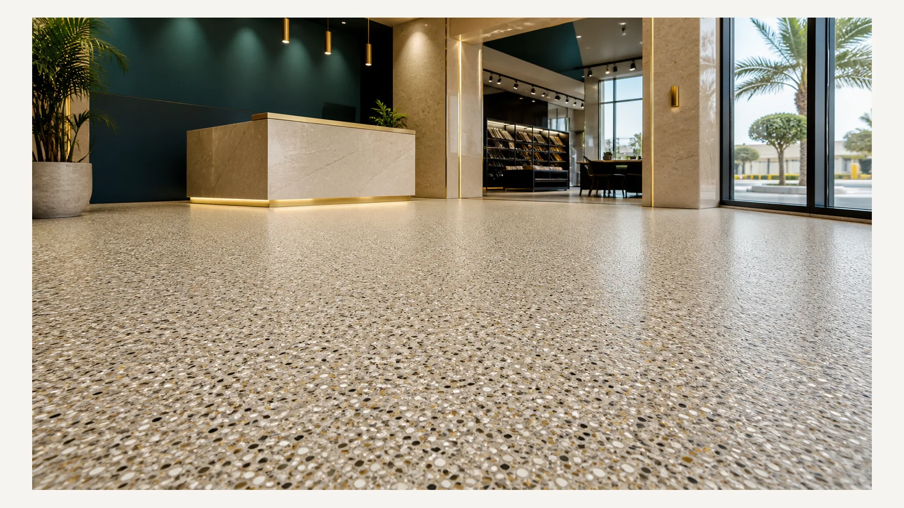 Commercial showroom epoxy chip flooring sample in Saudi Arabia
