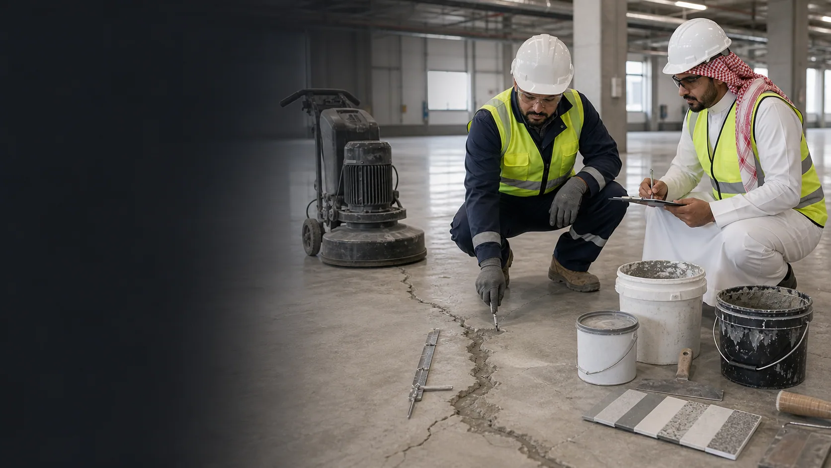 Concrete floor repair before epoxy coating in Saudi Arabia with crack inspection and repair materials
