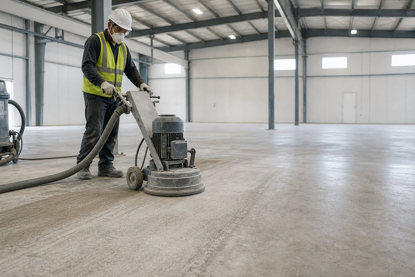 Concrete surface preparation with floor grinder before epoxy flooring in Saudi Arabia