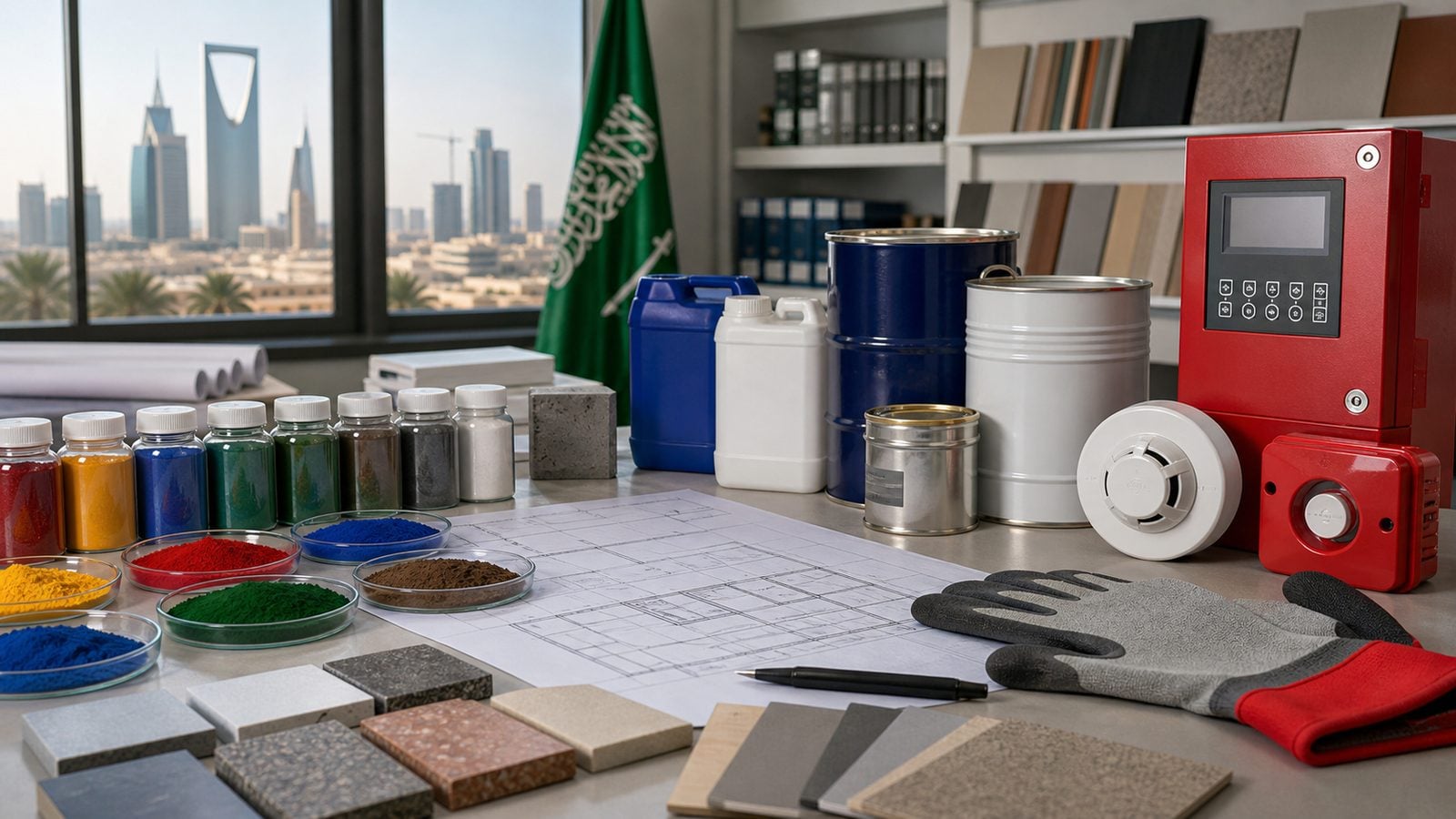 Construction chemicals pigments building material samples and fire alarm products for KSA projects