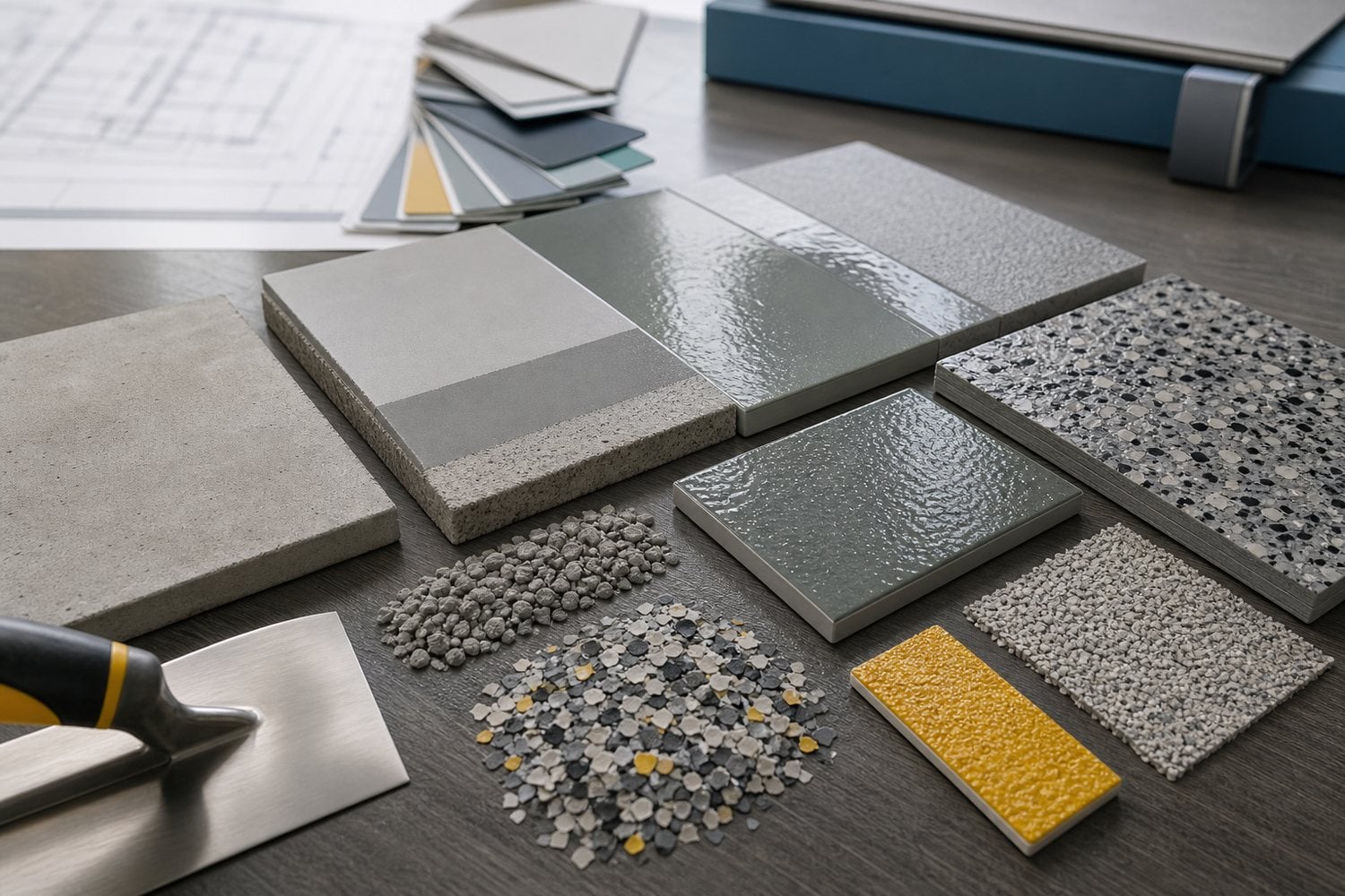 Decorative resin flooring material detail for showroom floor selection