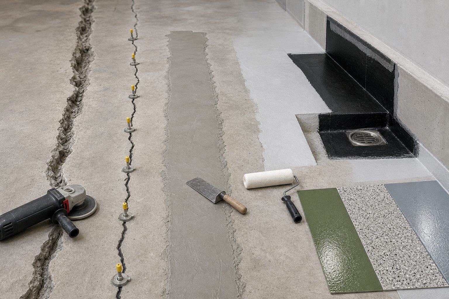Concrete repair crack injection waterproofing detail and protective coating process on a prepared substrate