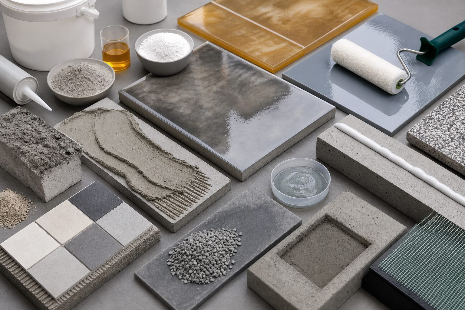 Epoxy cementitious repair grout tile adhesive sealant and coating material samples for KSA projects