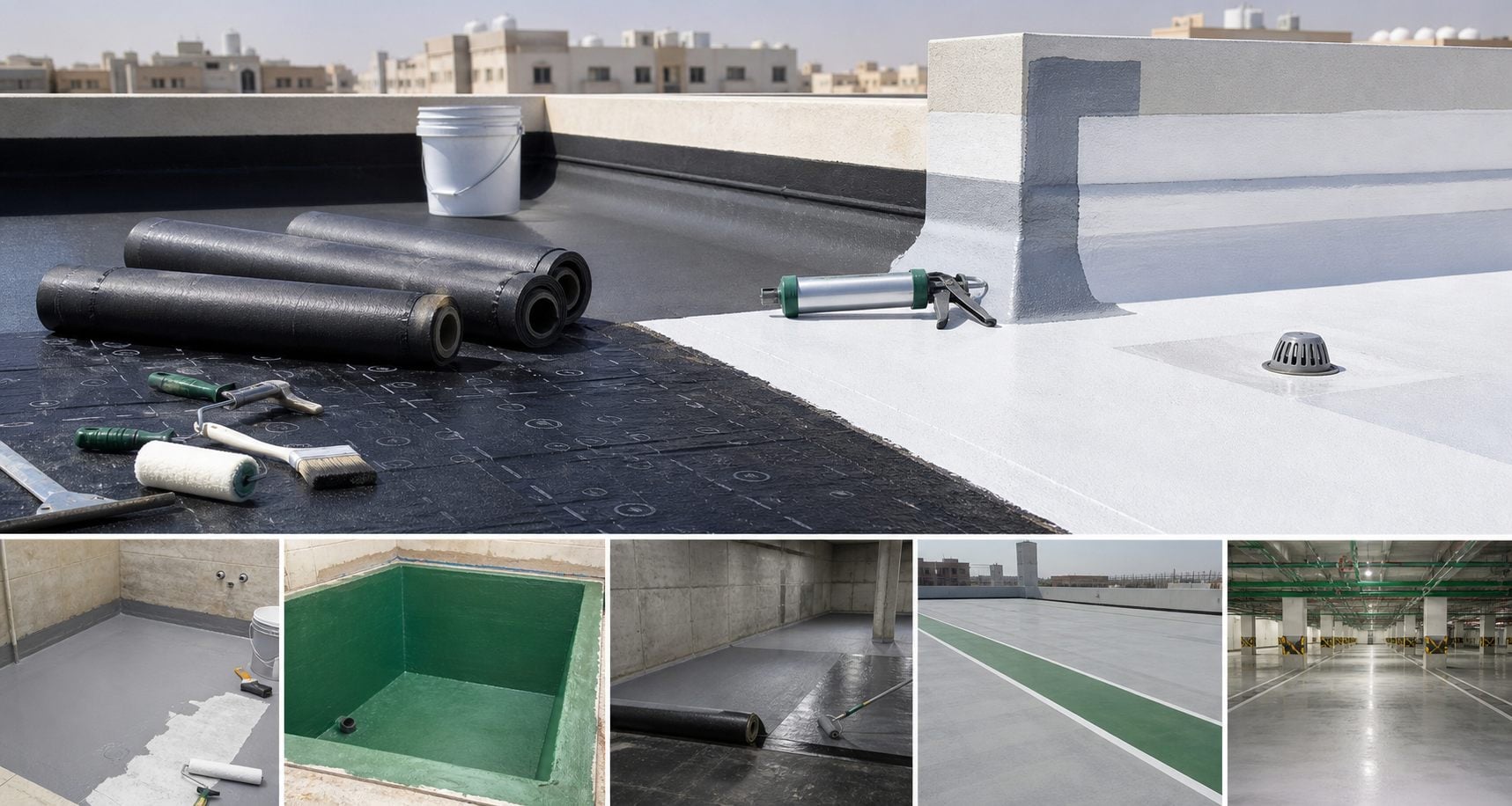 Waterproofing application areas for roofs tanks basements wet areas podiums and car parks in Saudi Arabia