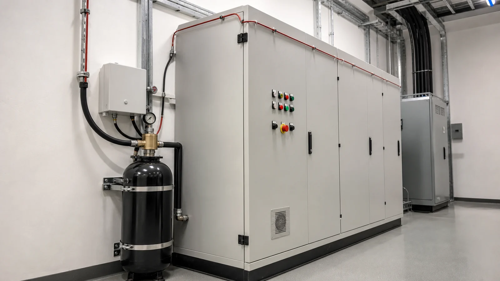 Localized fire suppression components protecting an electrical control enclosure in Saudi Arabia