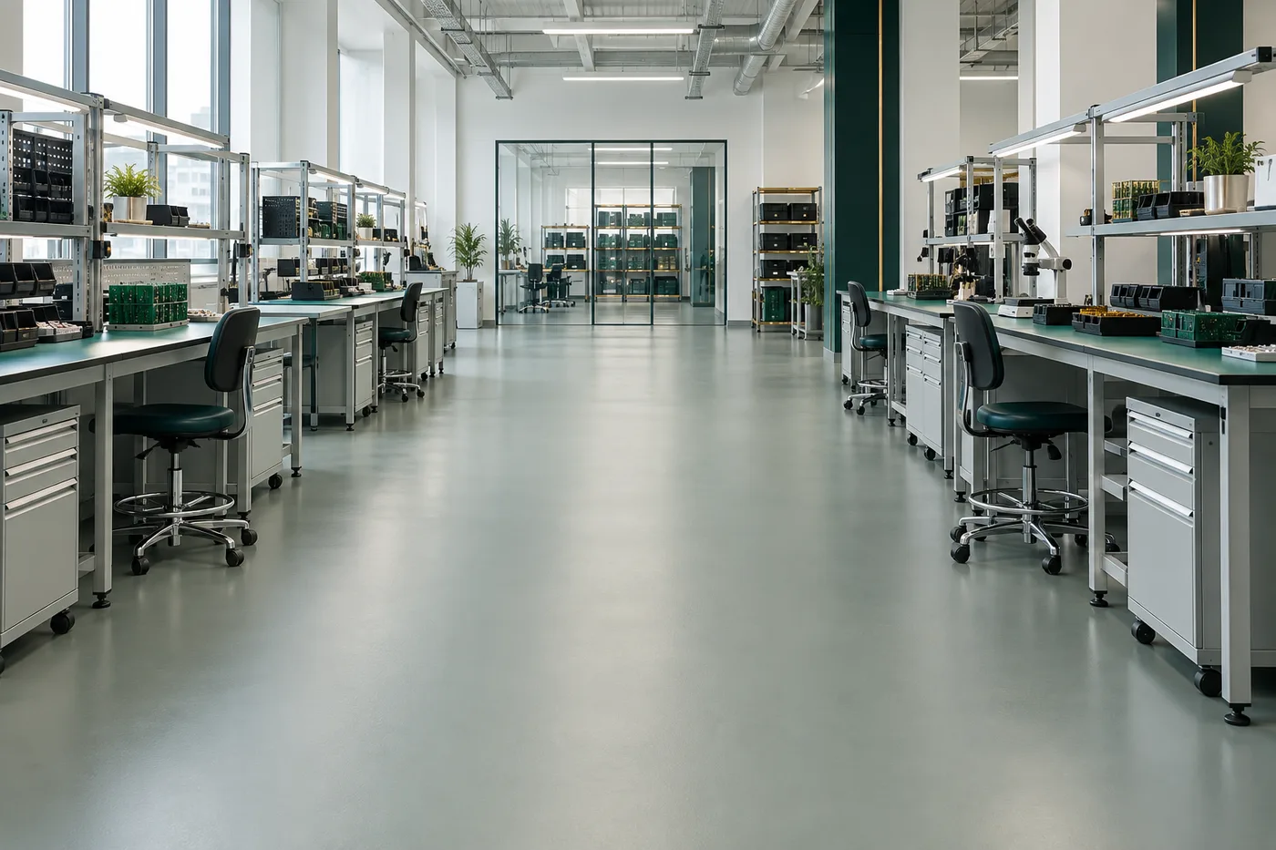 Illustrative electronics assembly room with workbenches and a seamless resin floor