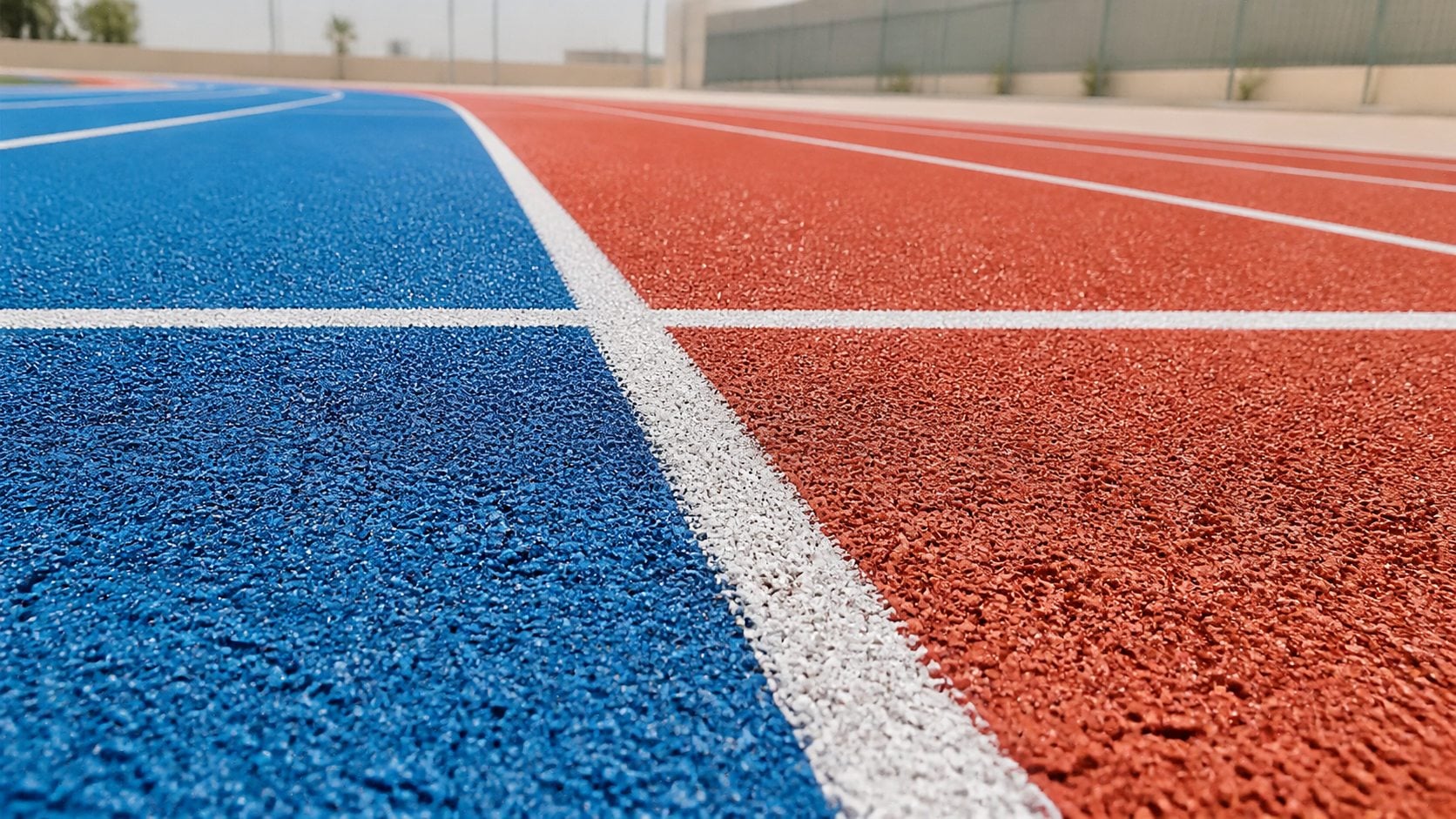 EPDM rubber running track sports surface with blue and red granule texture in Saudi Arabia