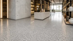 Decorative epoxy flake showroom floor in a modern Saudi commercial interior
