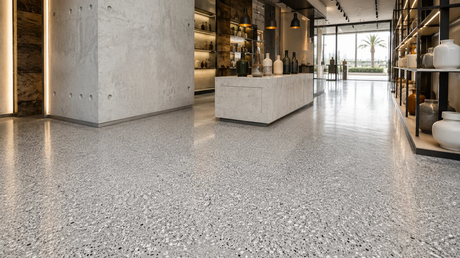 Decorative epoxy flake showroom floor in a modern Saudi commercial interior