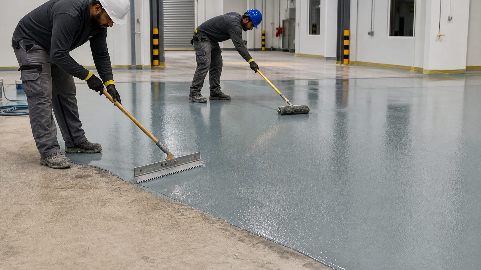 Epoxy floor installation contractor applying resin coating in Saudi Arabia