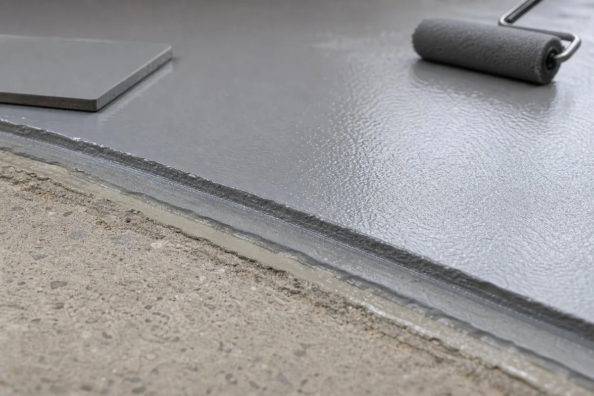 Epoxy flooring installation detail showing resin coating over prepared concrete
