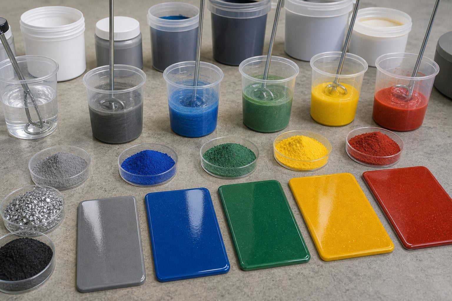 Epoxy floor pigments and coating color samples for industrial floors in Saudi Arabia
