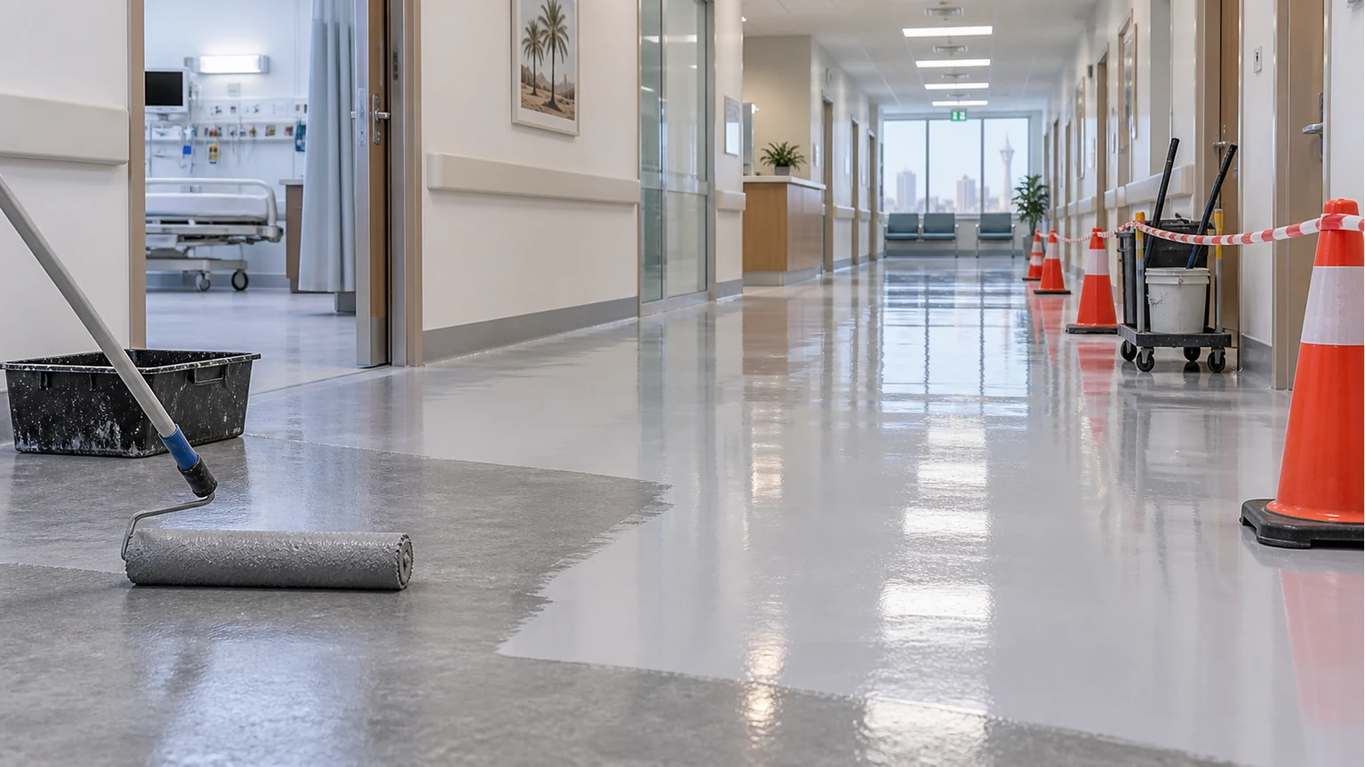 Floor maintenance in progress in a Saudi healthcare corridor — mop, bucket and wet-floor signage