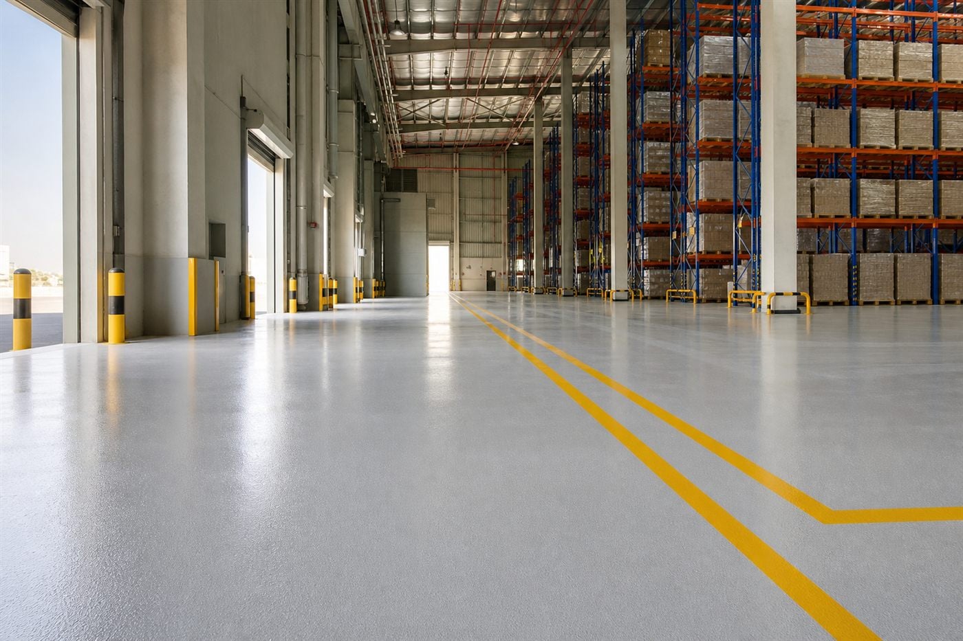 Glossy epoxy floor with safety line marking in a Saudi warehouse