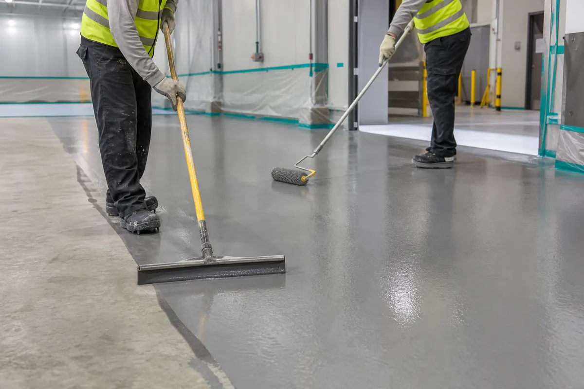 Professional epoxy flooring installation in Saudi Arabia using squeegee and roller