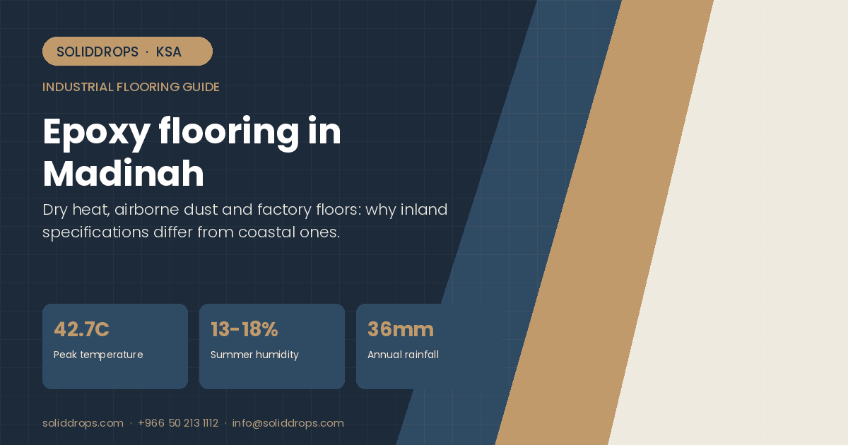 Epoxy flooring in Madinah site conditions guide - SolidDrops cover graphic with local climate figures