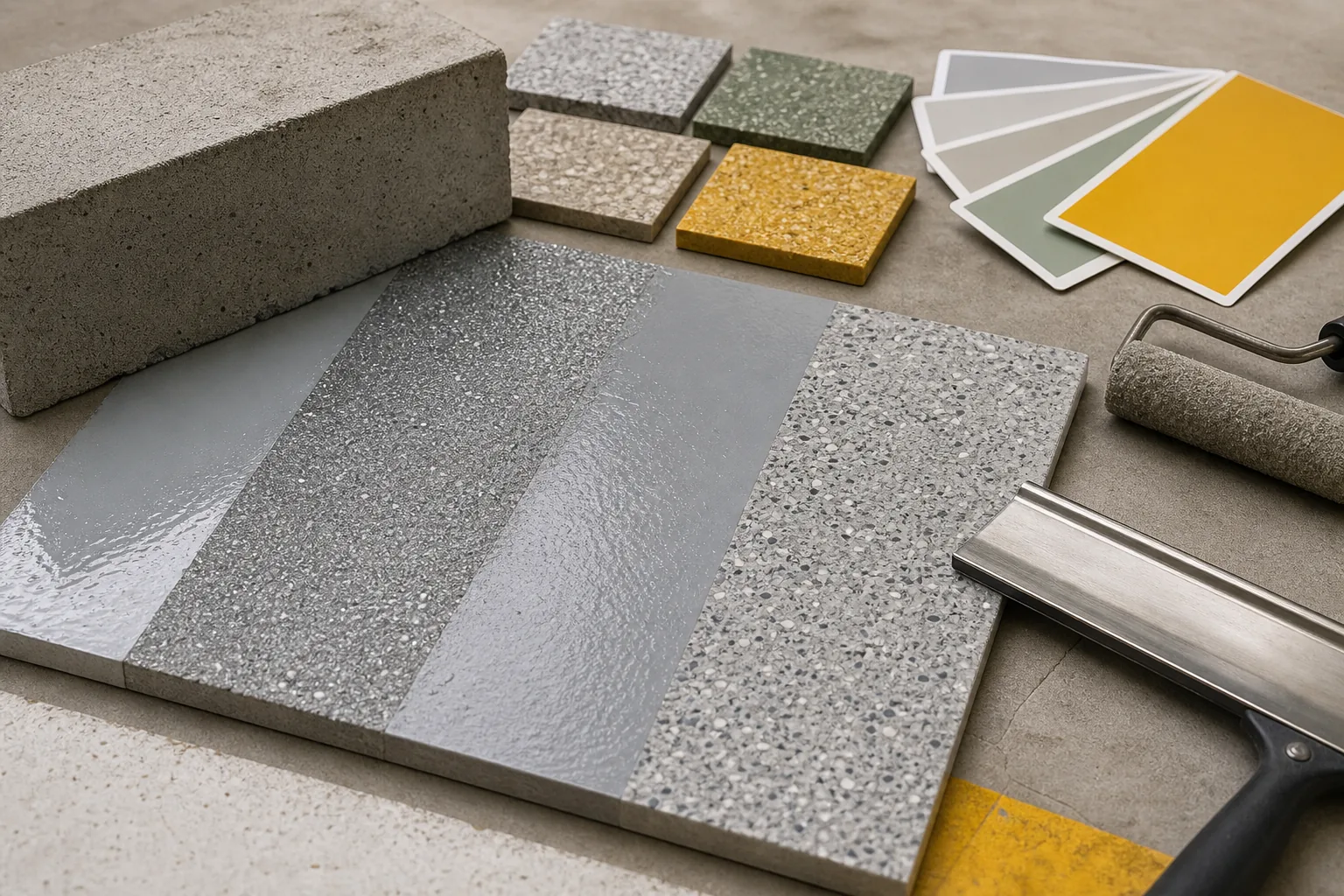 Epoxy flooring system material samples with primer body coat aggregate and topcoat details