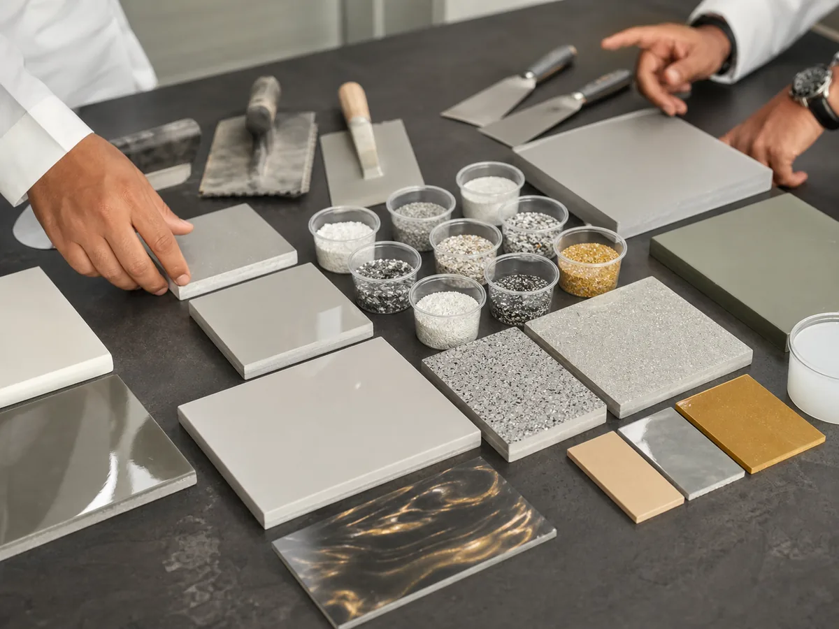 Epoxy flooring product samples including solid epoxy flake metallic clear resin and PU cement options in Saudi Arabia