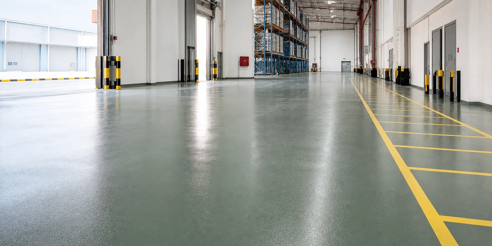 Epoxy flooring services in a modern Saudi Arabia warehouse by SolidDrops