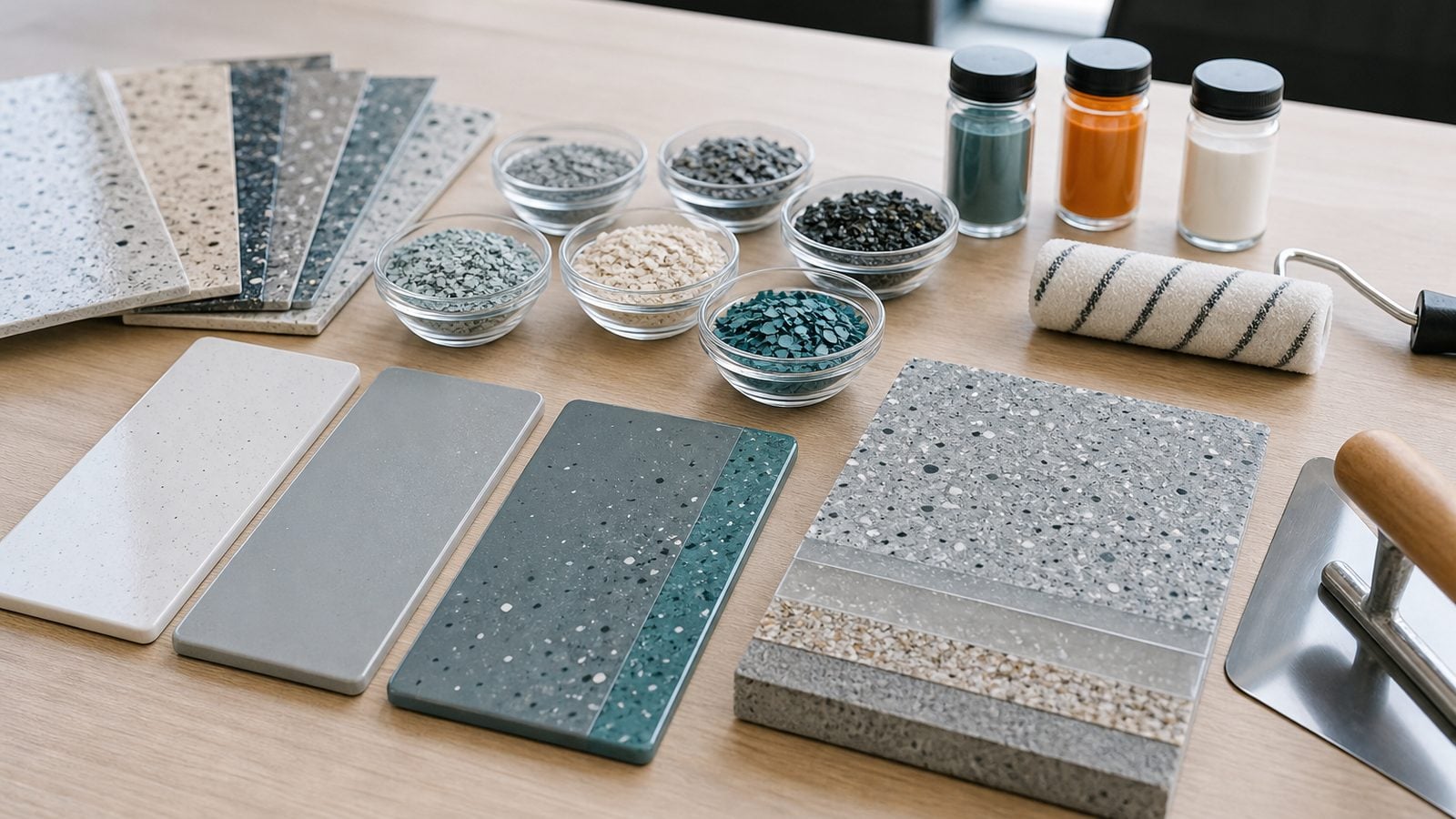 Epoxy flooring system material samples for SolidDrops Saudi Arabia projects