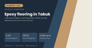 Epoxy flooring in Tabuk site conditions guide - SolidDrops cover graphic with local climate figures