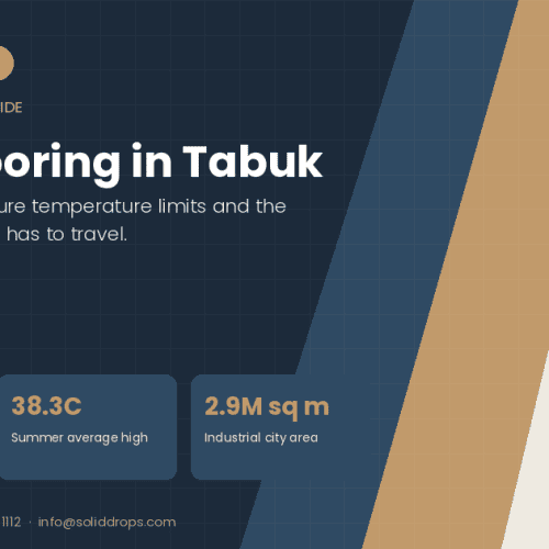 Epoxy flooring in Tabuk site conditions guide - SolidDrops cover graphic with local climate figures