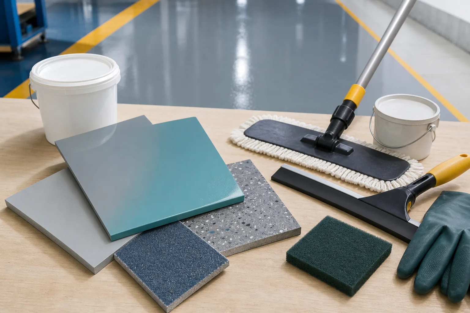 Epoxy maintenance materials, floor samples and cleaning tools for industrial floors