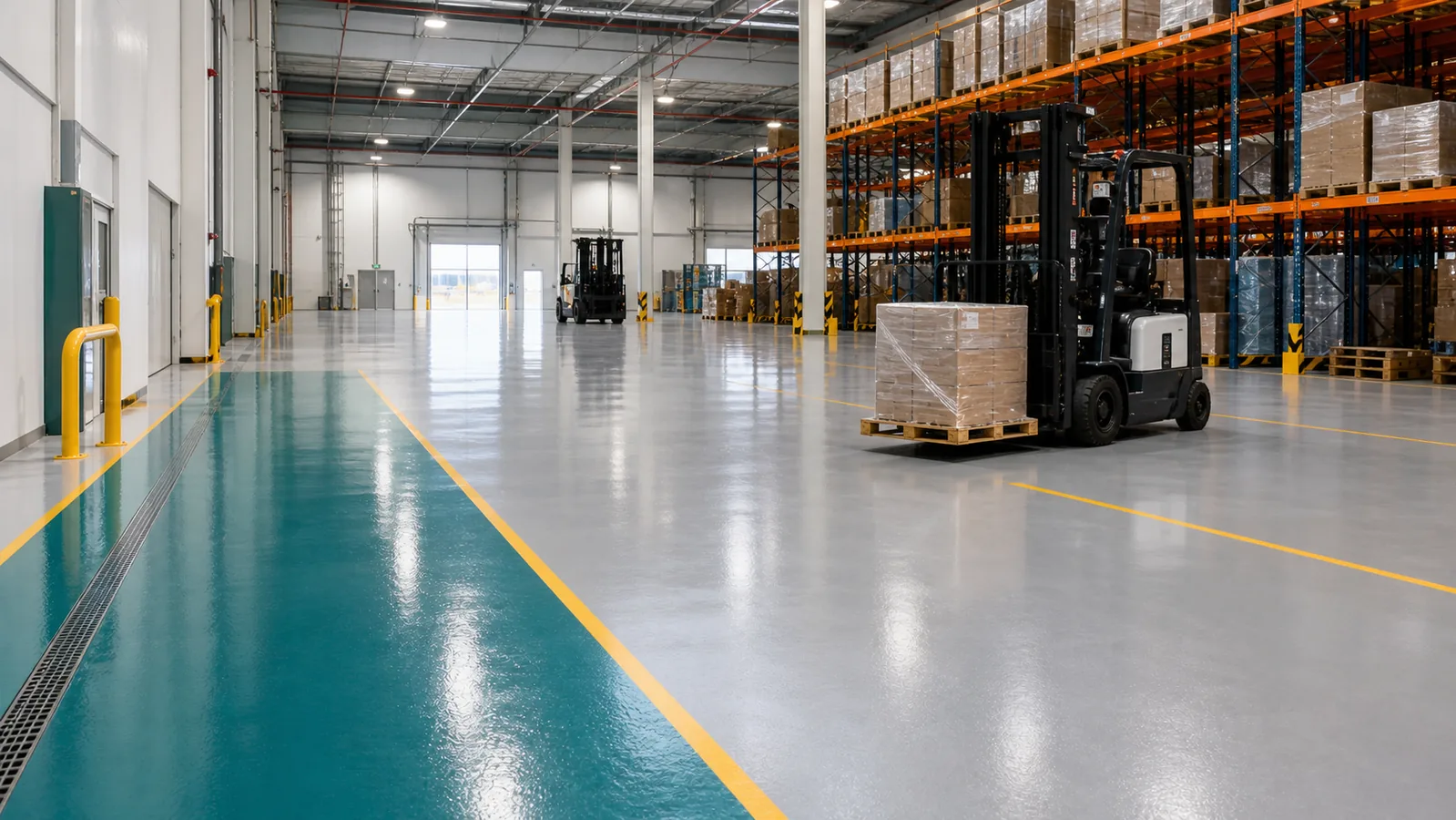 Epoxy and PU warehouse flooring with safety lines in Saudi Arabia