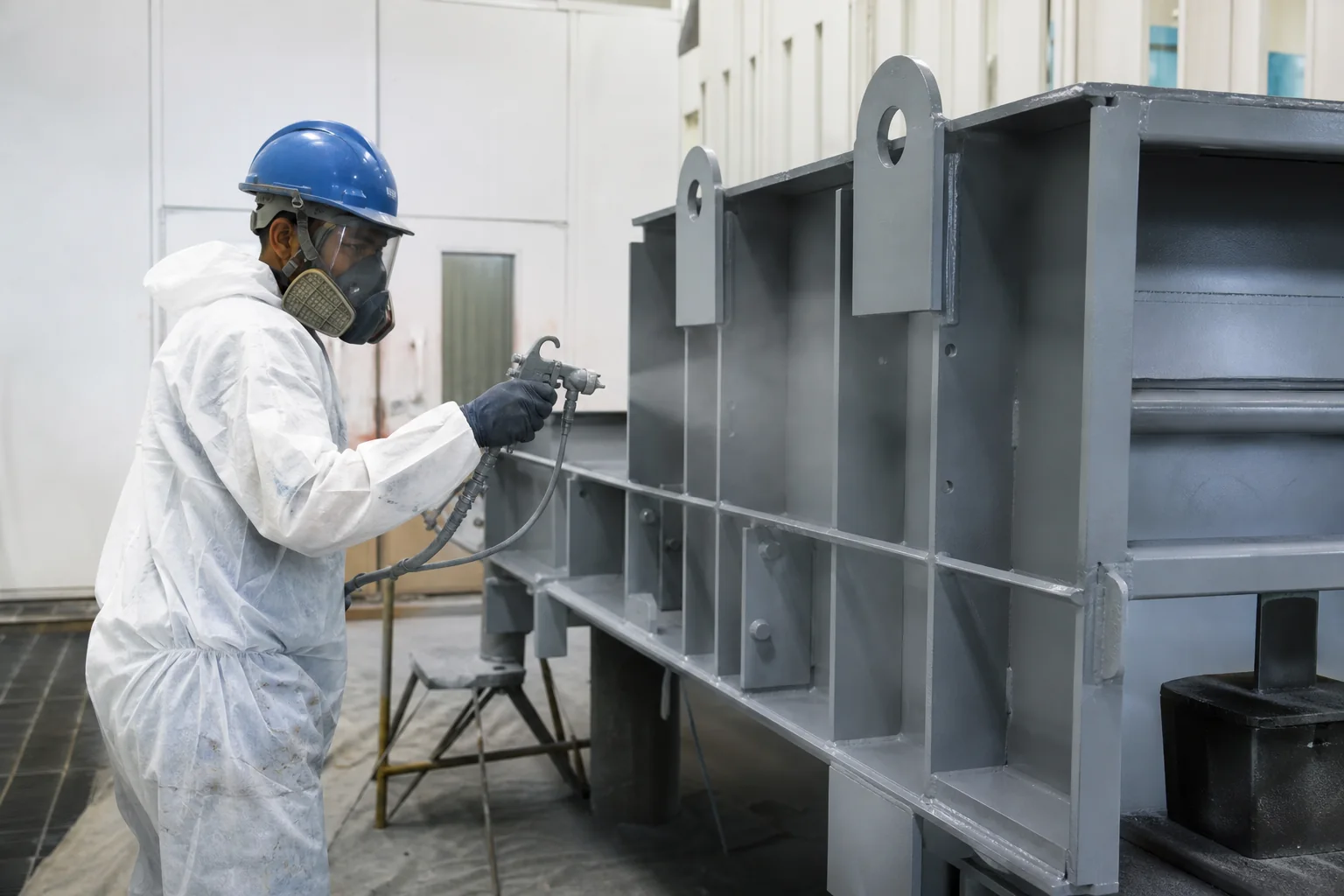 Epoxy spray paint coating application on steel structure in a Saudi industrial workshop