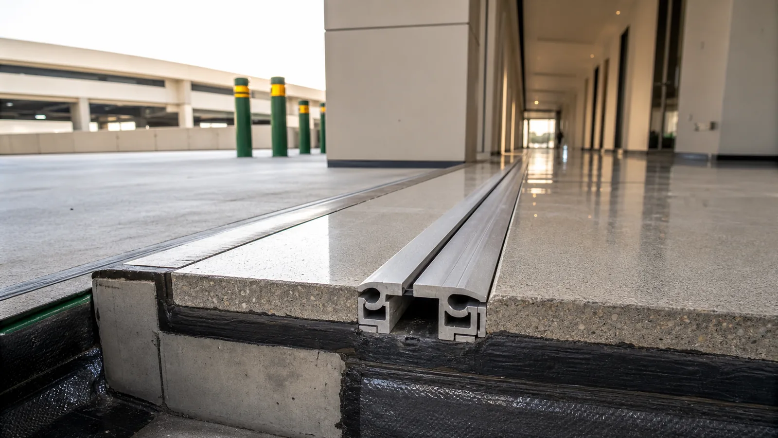 Expansion joint floor profile with waterproofing detail in a Saudi building