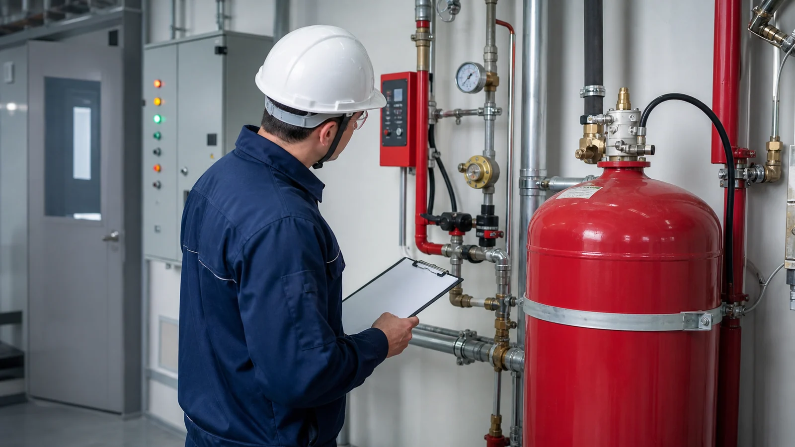 Technician inspecting fire suppression equipment during testing and commissioning