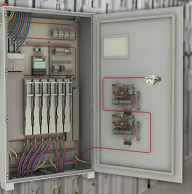 Firessense detection tube routed inside an electrical control cabinet across the breakers