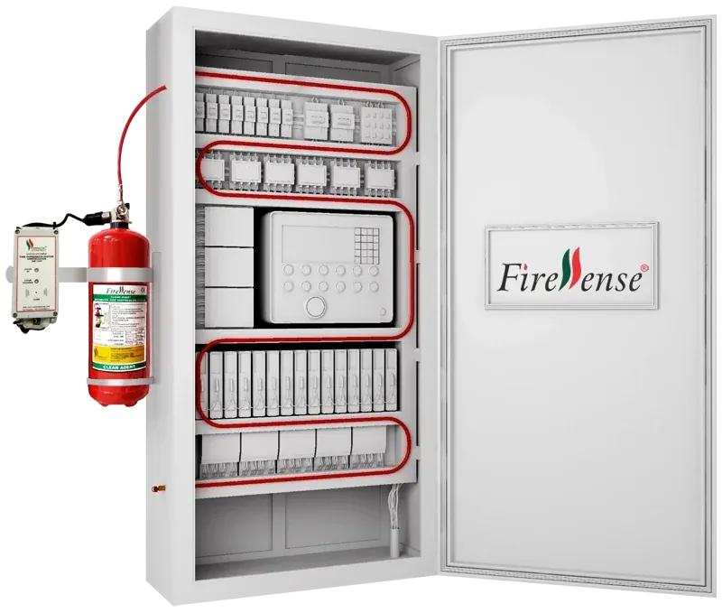 Synergy Firessense direct low pressure fire suppression system installed inside an electrical distribution panel with red detection tube routed across the breakers