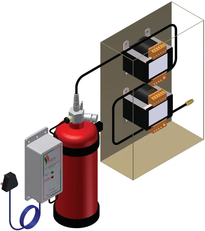 Synergy Firessense system configuration diagram showing cylinder, cylinder valve, pressure switch, monitoring panel, fire detection tube and end-of-line plug inside an electrical enclosure