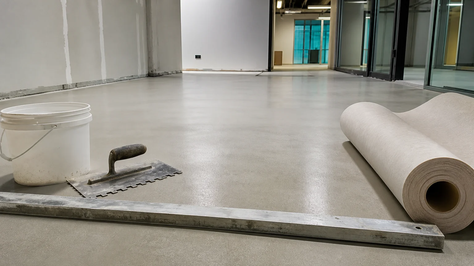 Floor preparation and levelling before vinyl flooring installation in KSA